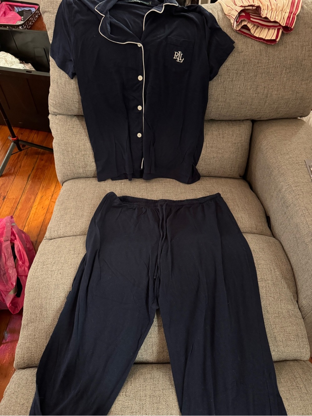 Ralph Lauren Navy Women’s Track Jogger Pajama Set with White Piping - Picture 4 of 4